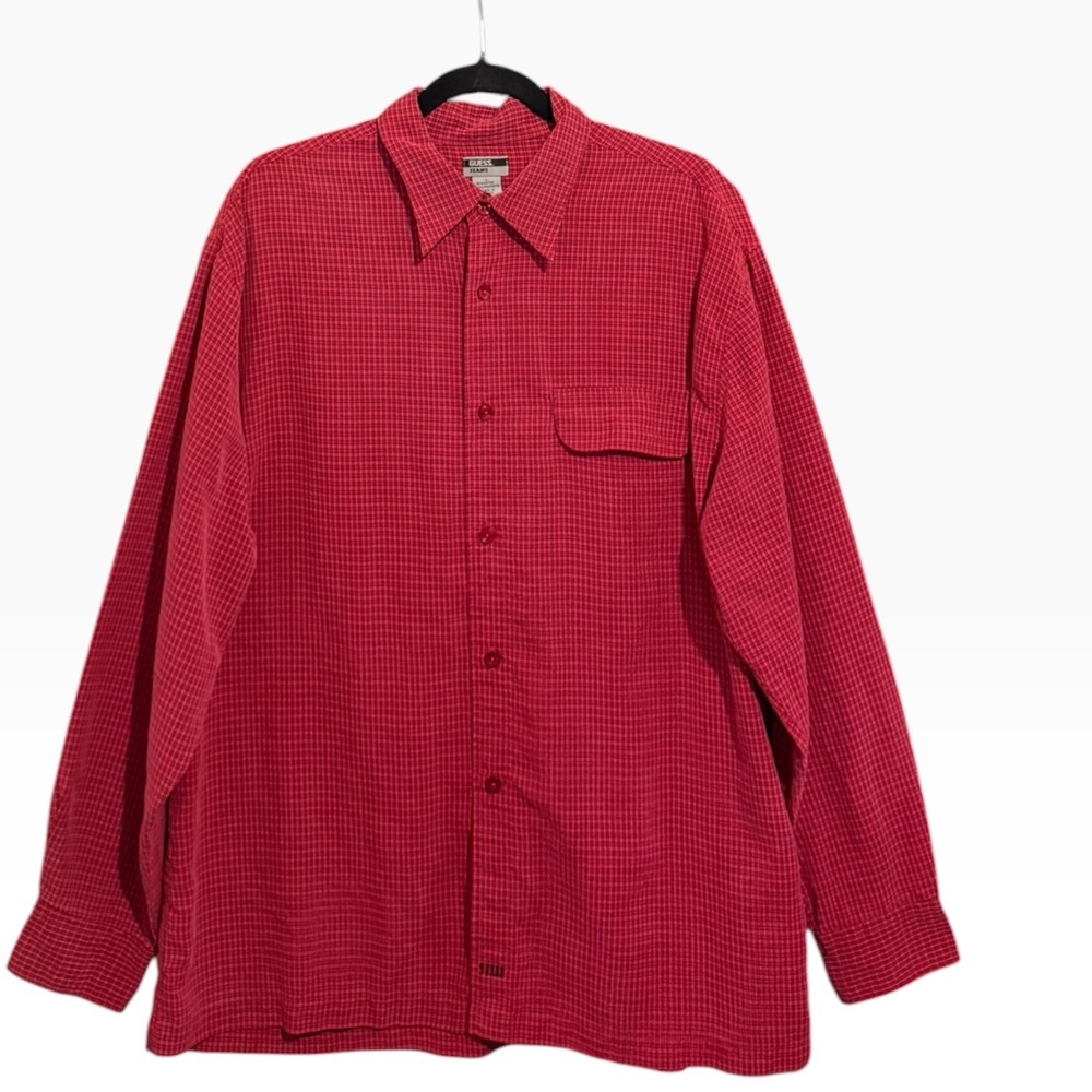 Vintage 90s Guess Jeans Plaid Short Sleeve Button Up Shirt Red Black Men's L